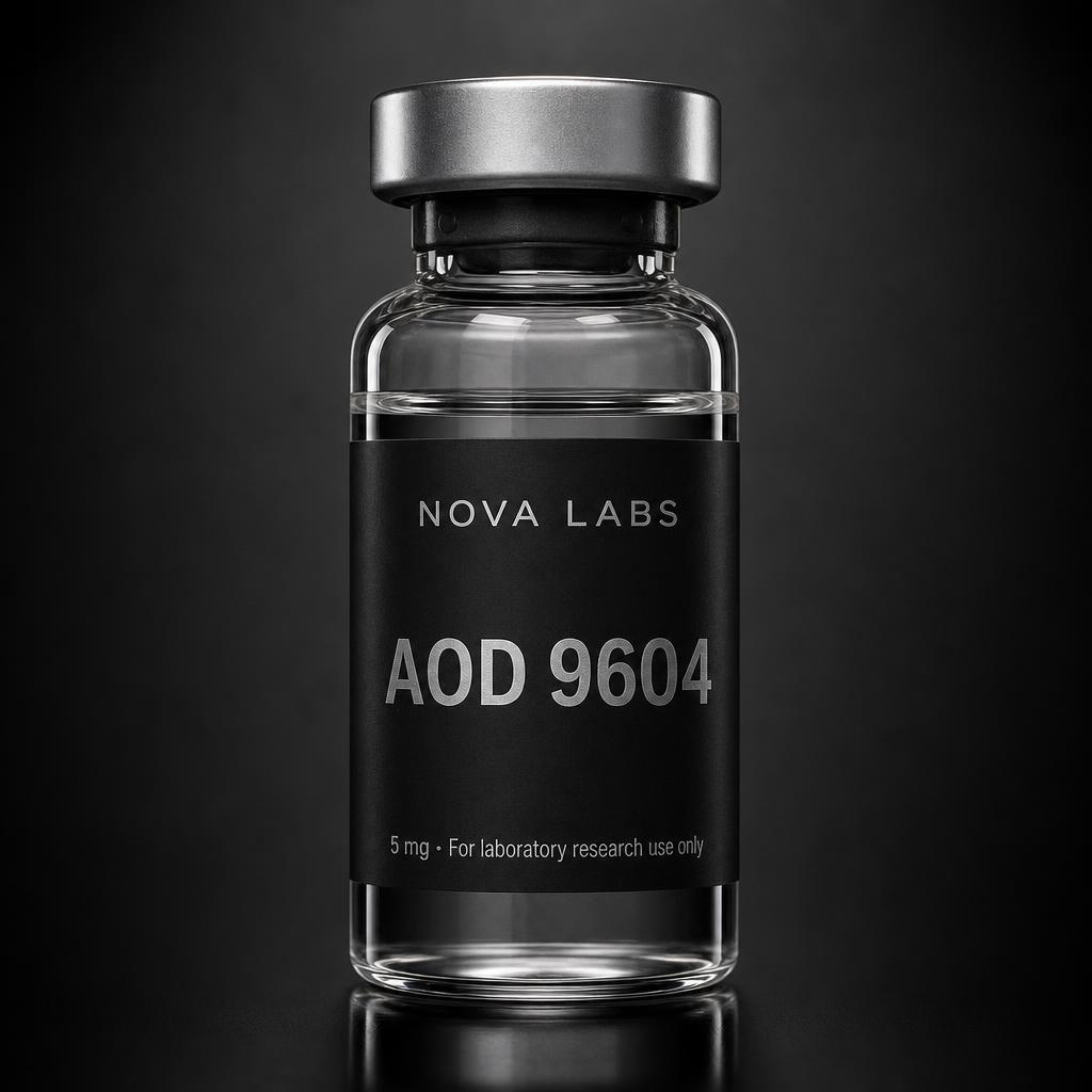 NOVA LABS AOD 9604 glass vial with black label and silver crimp cap on a dark studio background