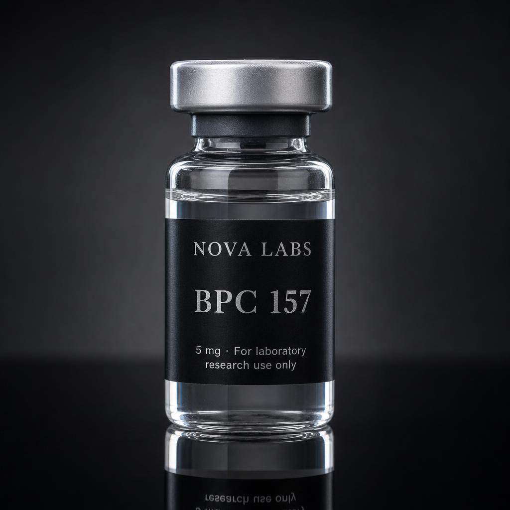 NOVA LABS BPC 157 glass vial with black label and silver crimp cap on a dark studio background