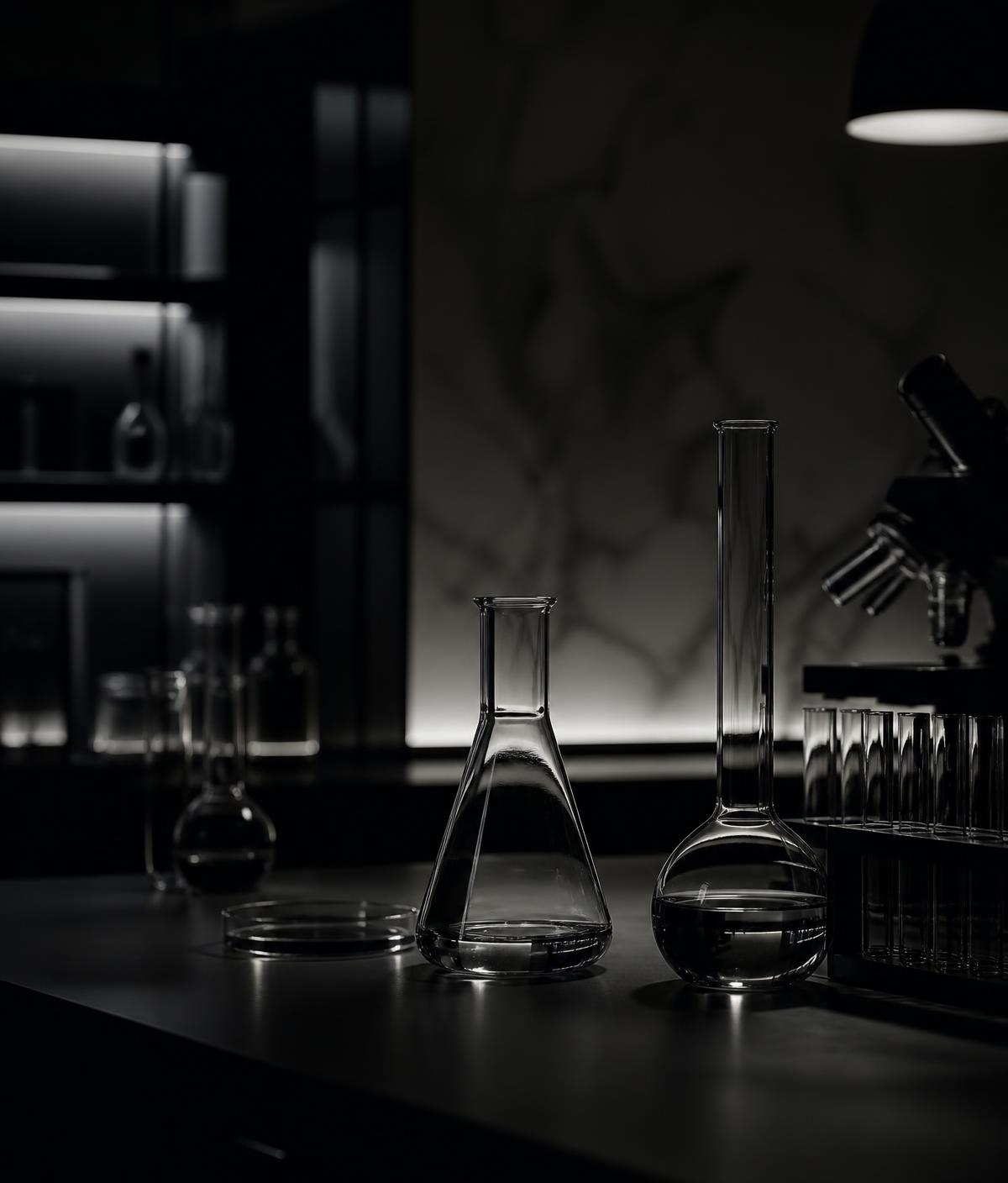 Minimal dark laboratory bench with glassware