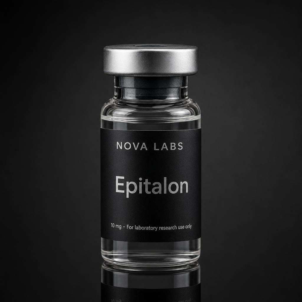 NOVA LABS Epitalon glass vial with black label and silver crimp cap on a dark studio background