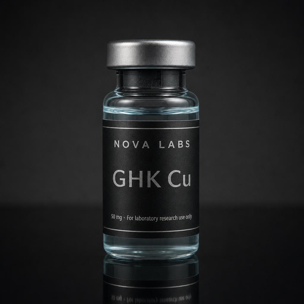 NOVA LABS GHK Cu glass vial with black label and silver crimp cap on a dark studio background