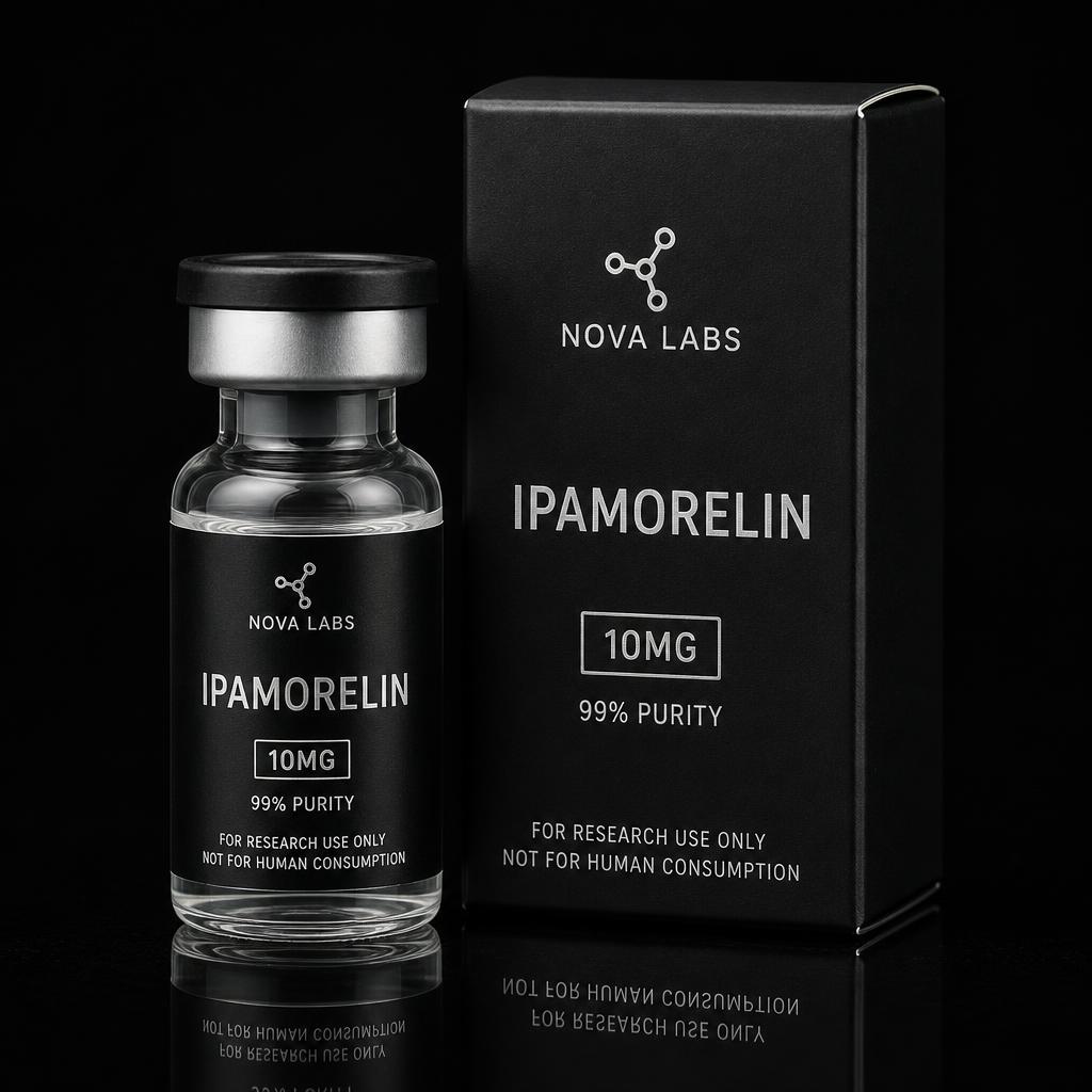 NOVA LABS Ipamorelin labelled vial beside the matte black branded box