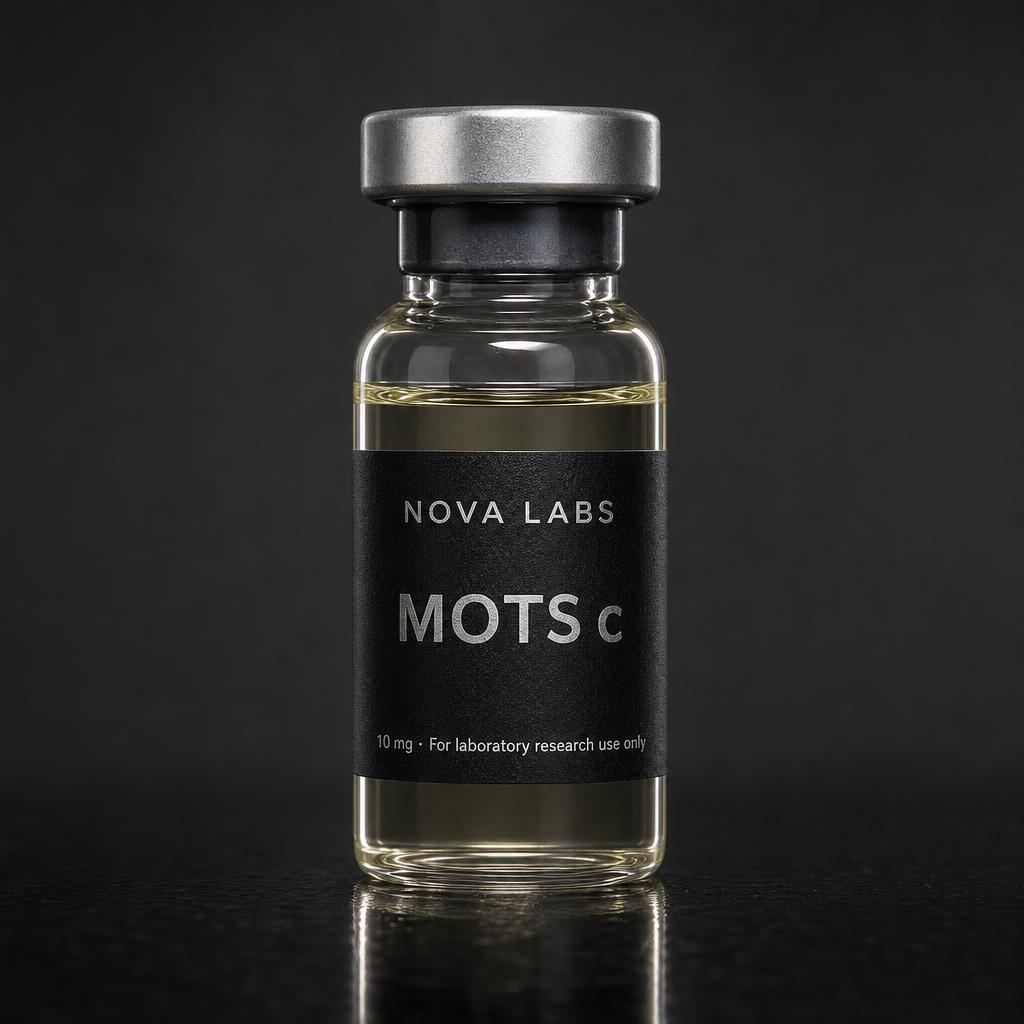 NOVA LABS MOTS c glass vial with black label and silver crimp cap on a dark studio background