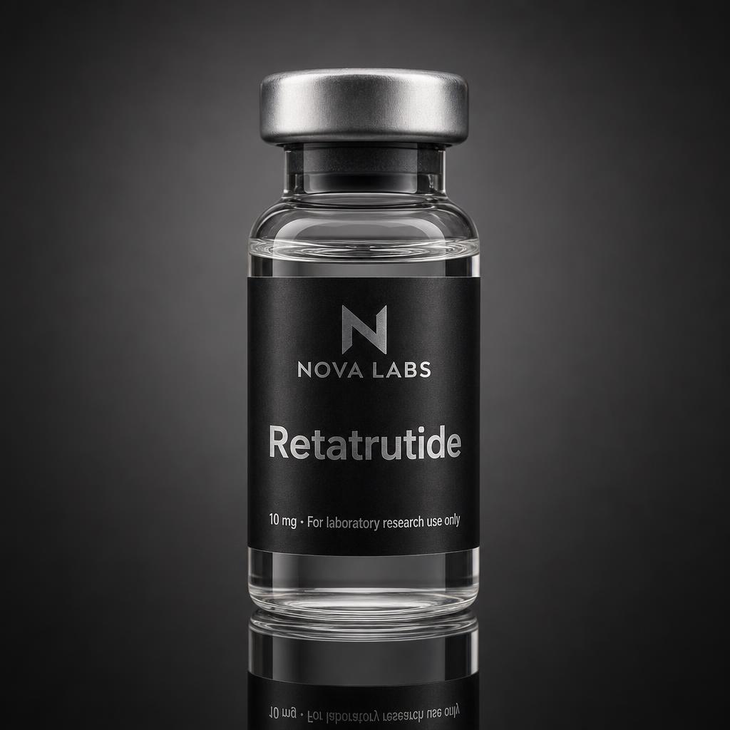 NOVA LABS Retatrutide glass vial with black label and silver crimp cap on a dark studio background