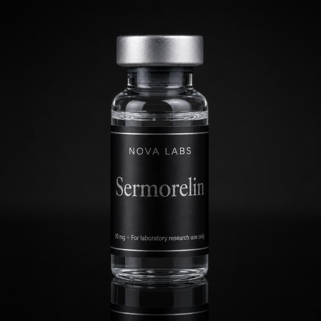 NOVA LABS Sermorelin glass vial with black label and silver crimp cap on a dark studio background