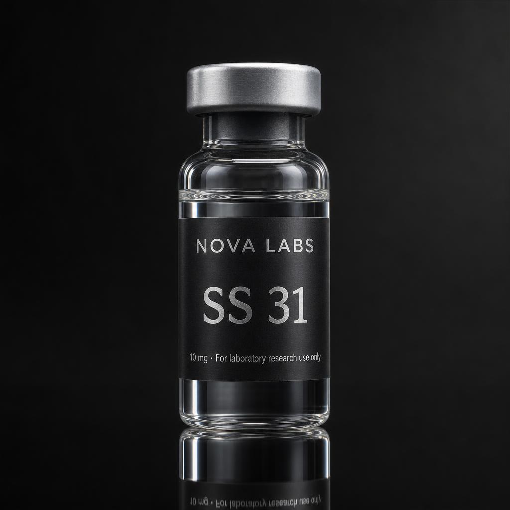 NOVA LABS SS 31 glass vial with black label and silver crimp cap on a dark studio background