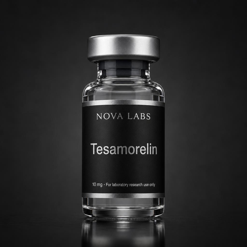 NOVA LABS Tesamorelin glass vial with black label and silver crimp cap on a dark studio background